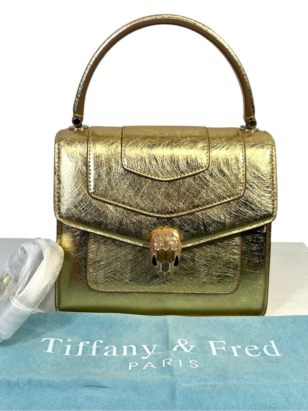 NWT Tiffany & Fred Paris Gold Serpent Saffiano Leather Satchel/Shoulder Bag